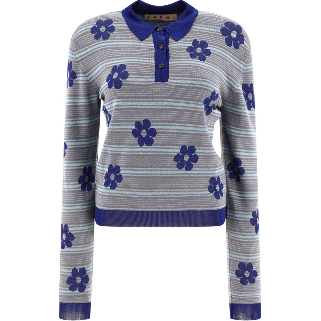(Women) Marni  Blue Floral Embroidered Striped Long Sleeve Polo Shirt POMD0036Q0UFC324-BLUE