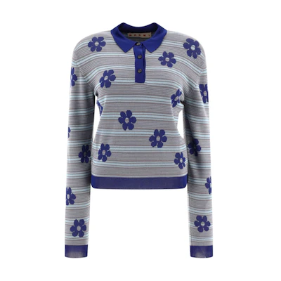 (Women) Marni Blue Floral Embroidered Striped Long Sleeve Polo Shirt POMD0036Q0UFC324-BLUE