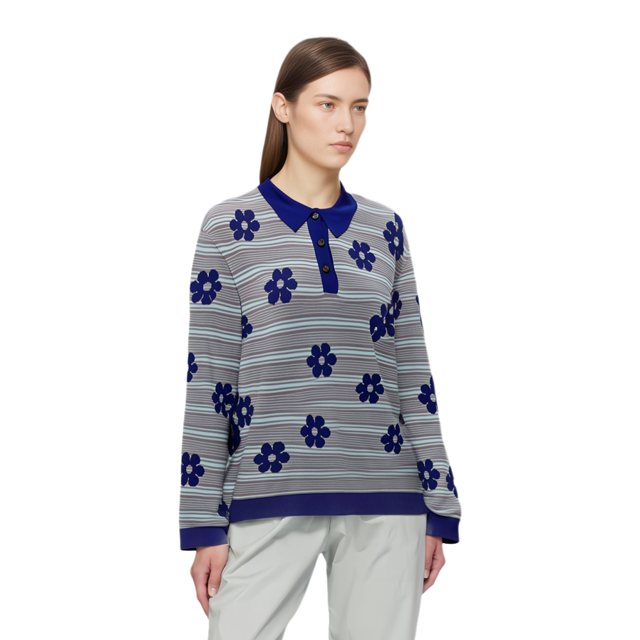 Shop (W) Marni 藍色花卉刺繡條紋長袖 Polo 襯衫 POMD0036Q0UFC324-BLUE