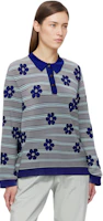 Shop (W) Marni 藍色花卉刺繡條紋長袖 Polo 襯衫 POMD0036Q0UFC324-BLUE