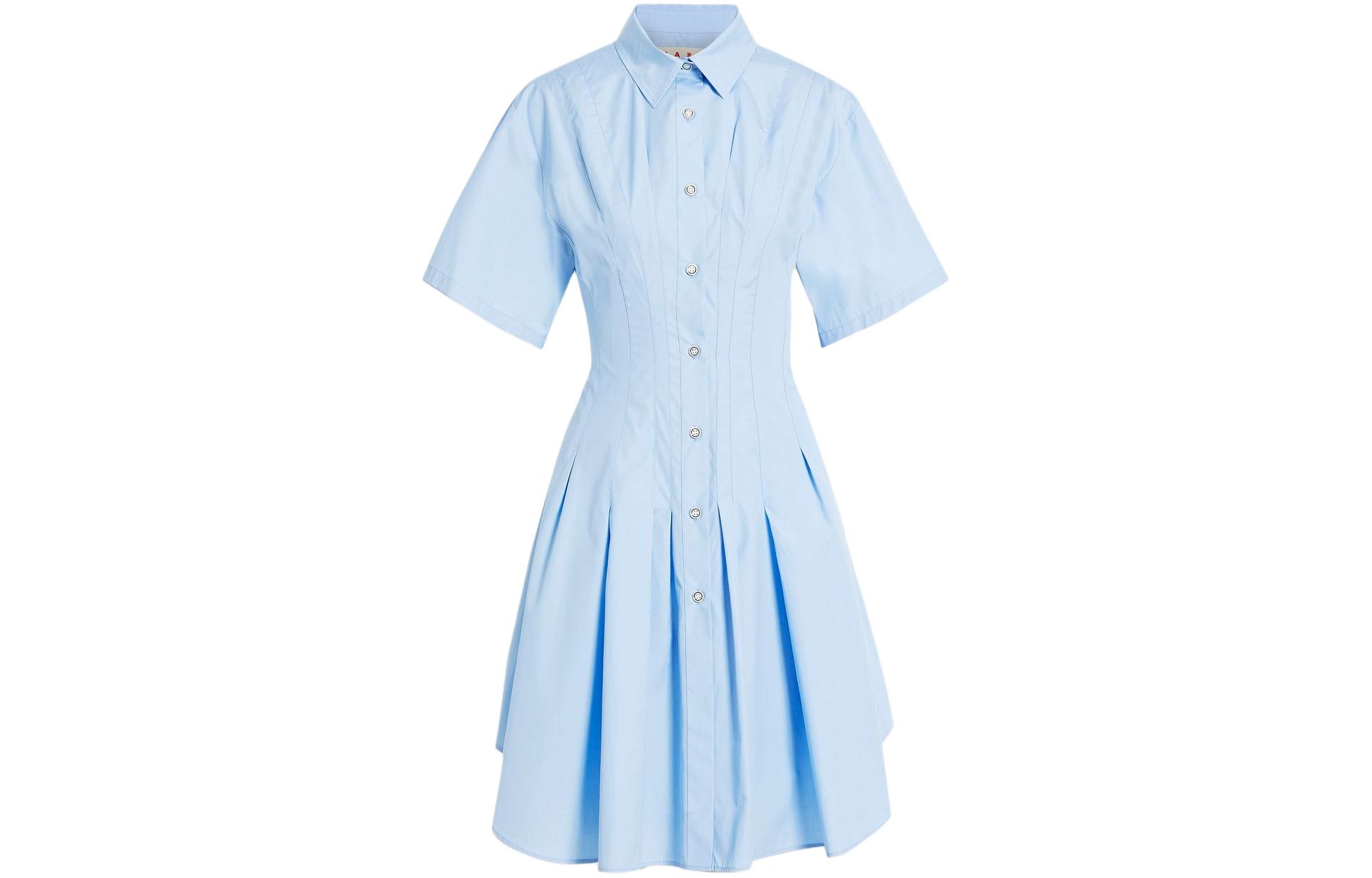 (Women) MARNI  Blue Solid Color Midi Shirt Dress with Short Sleeves. ABMA1109X0-UTC223-00B50
