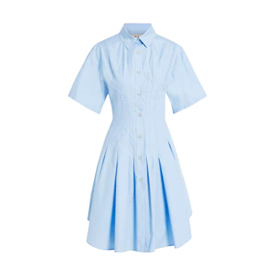 (Women) MARNI Blue Solid Color Midi Shirt Dress with Short Sleeves. ABMA1109X0-UTC223-00B50