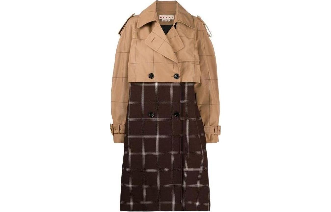 (Women) MARNI  Brown Plaid Colorblock Double-Breasted Long Sleeve Trench Coat CPMA0146QUTP677CHM24