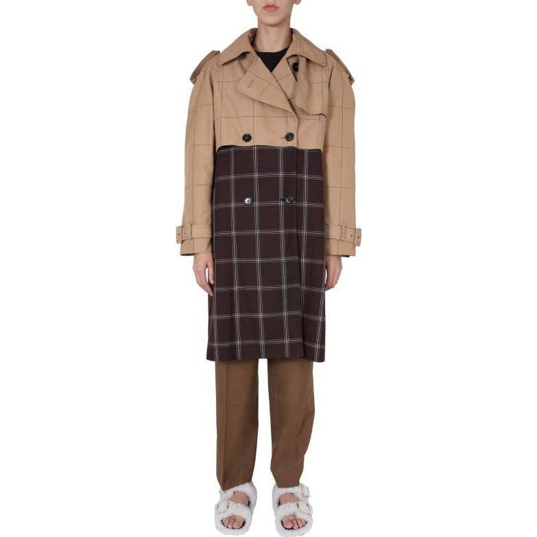 Lookbook (W) MARNI 棕色格紋拼接雙排扣長袖風衣外套 CPMA0146QUTP677CHM24