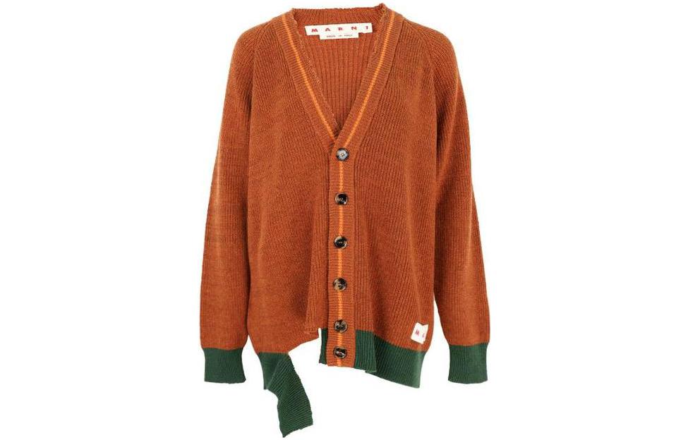 (Women) Marni  Colorblock Wool V-Neck Long Sleeve Knit Sweater Brown. CDMD0256Q0UFC31600M35