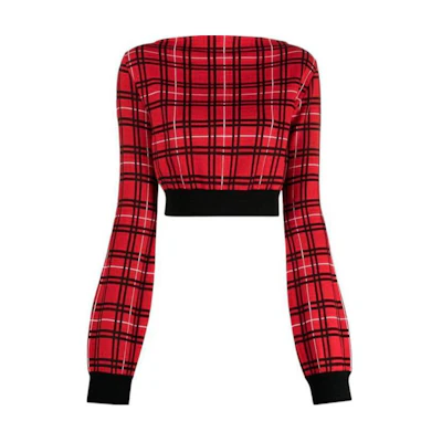 (Women) MARNI Red Plaid Off-Shoulder Long-Sleeve Crop Sweater. GCMD0482Q0-UFW526-CHR67