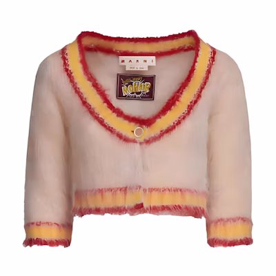 (Women) MARNI Striped V-Neck Long Sleeve Cropped Cardigan Sweater Light Yellow CDMD0320Q0-UFU108-00W31