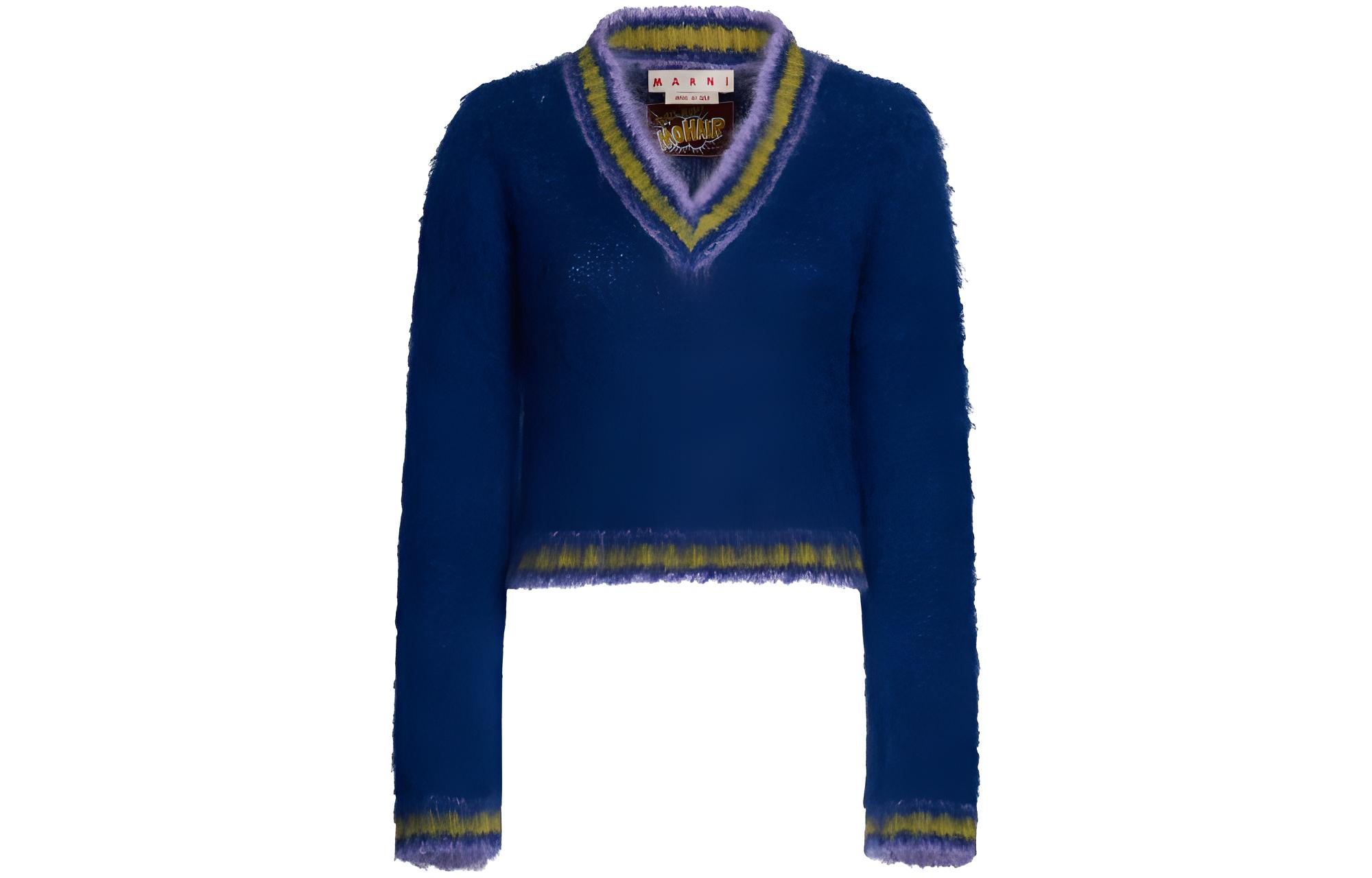 (Women) MARNI  V-Neck Striped Short Sweater Blue CVMD0108Q0UFU10800B56