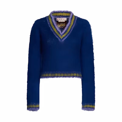 (Women) MARNI V-Neck Striped Short Sweater Blue CVMD0108Q0UFU10800B56