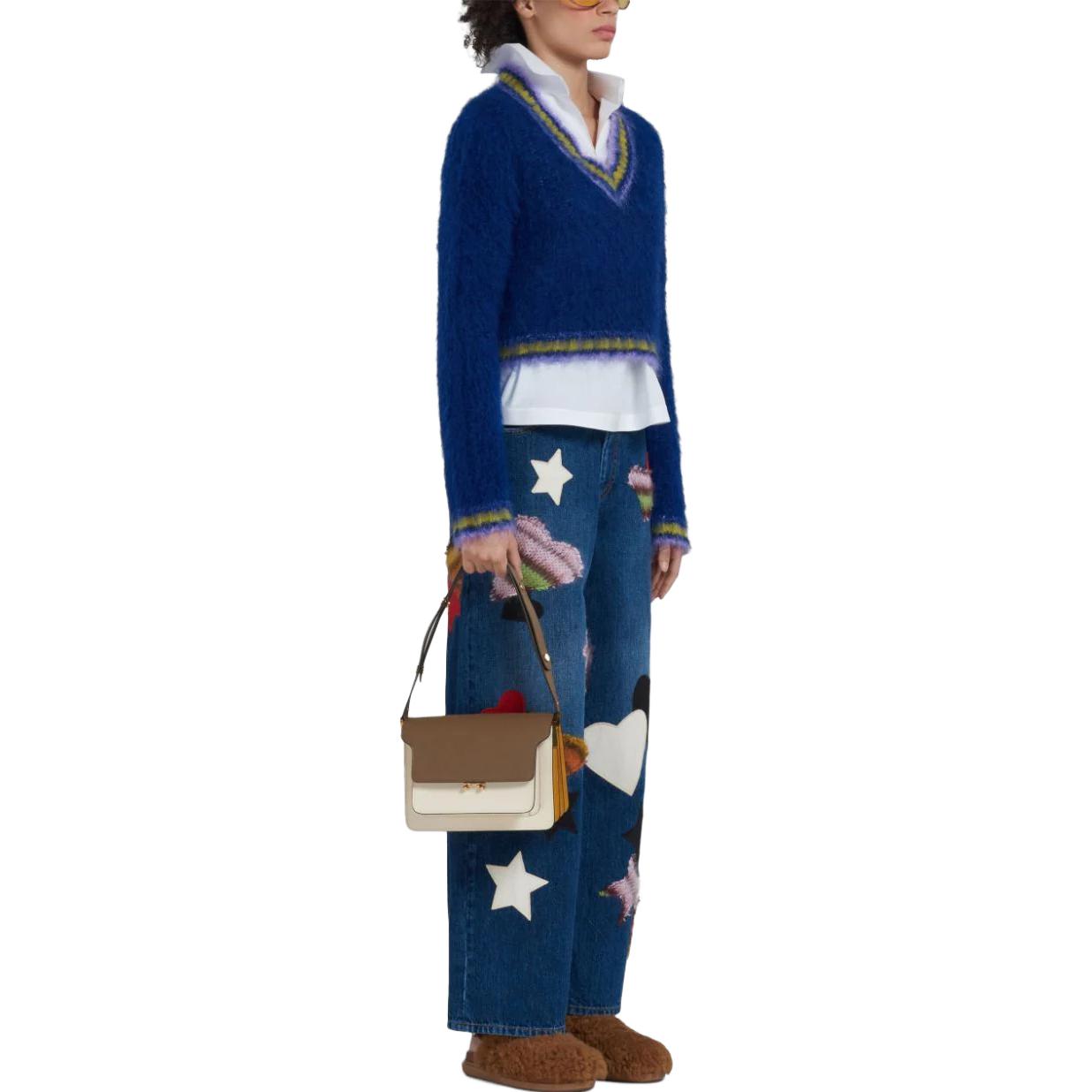 Lookbook (W) マルニ Vネック ストライプ ショート セーター ブルー CVMD0108Q0UFU10800B56