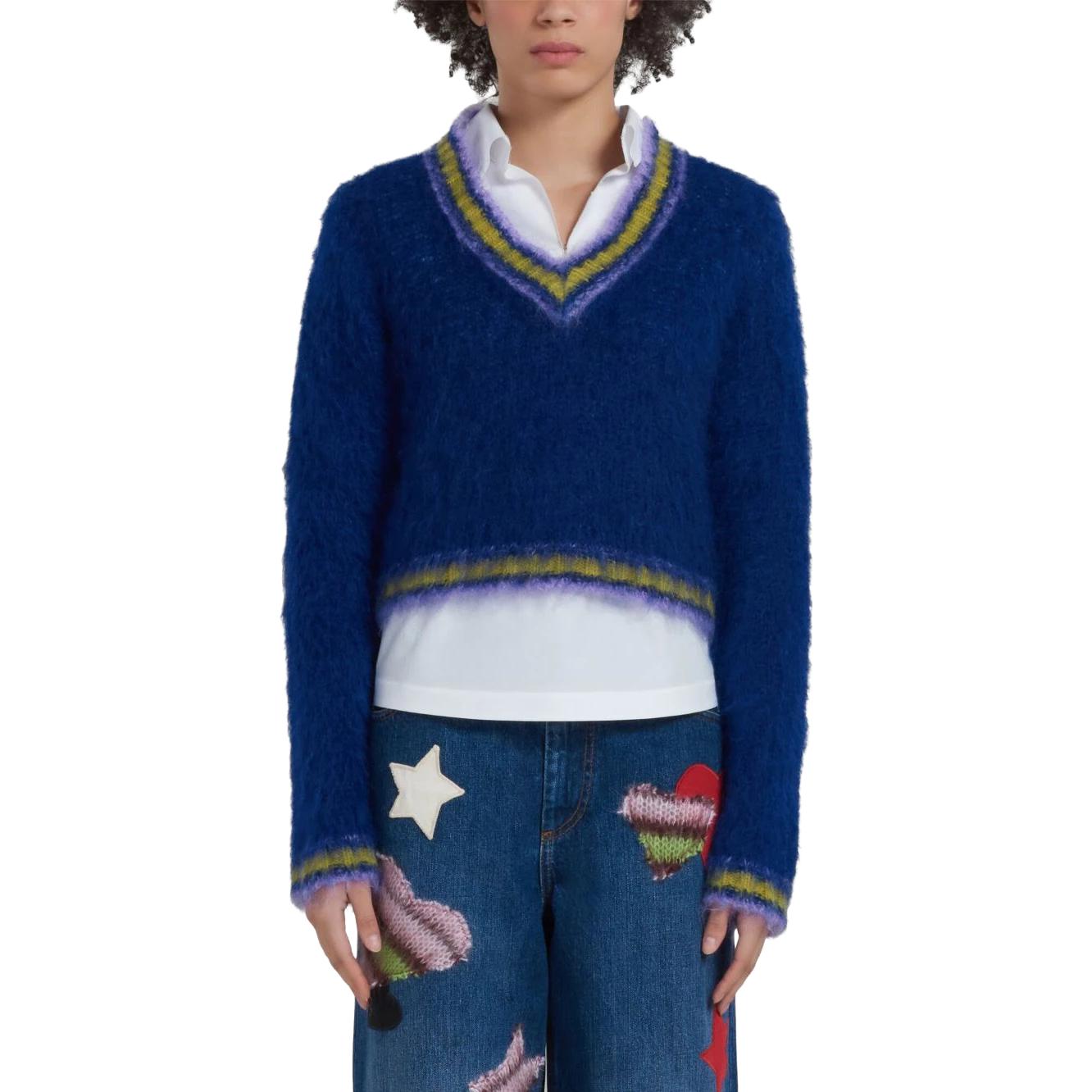 Shop (W) マルニ Vネック ストライプ ショート セーター ブルー CVMD0108Q0UFU10800B56