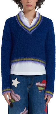 (Women) MARNI V-Neck Striped Short Sweater Blue CVMD0108Q0UFU10800B56 Shop (Women) MARNI V-Neck Striped Short Sweater Blue CVMD0108Q0UFU10800B56