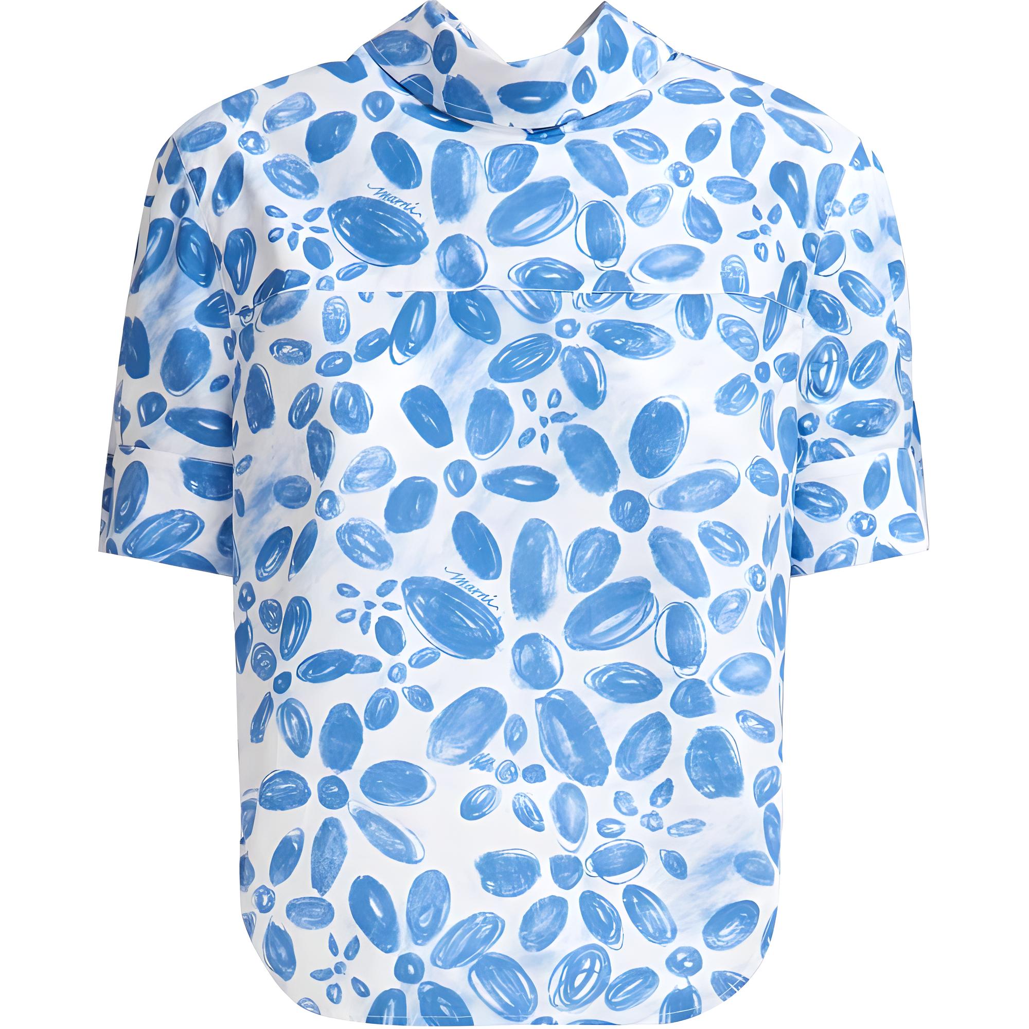 (Women) MARNI Abstract Print Curved Hem Short Sleeve Shirt Women White. TTMA0351S1UTC410-BLUE
