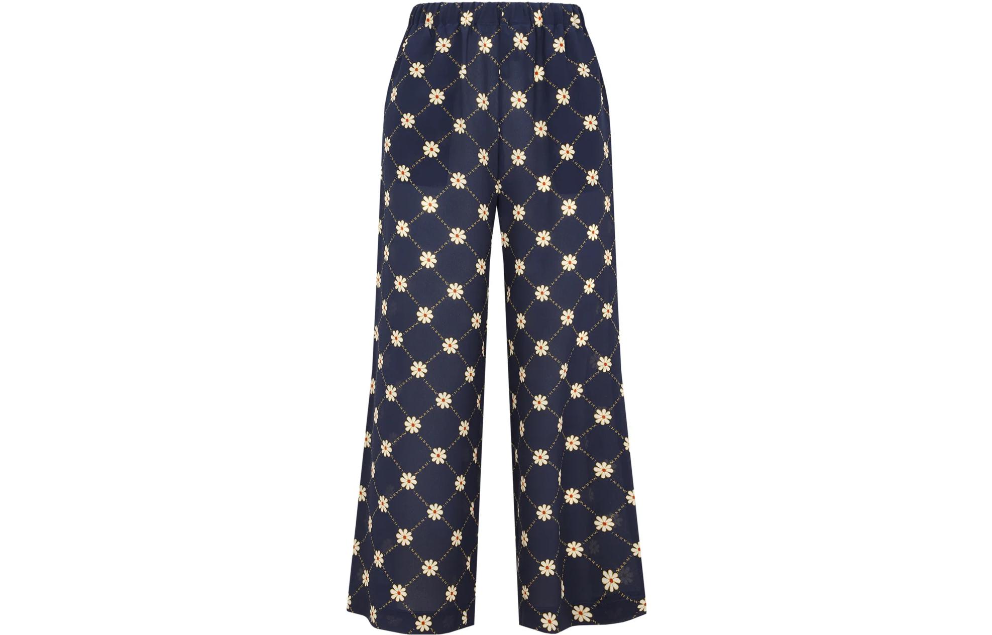 (Women) MARNI Floral Print Silk High-Waisted Wide-Leg Pants Navy  Casual Trousers PAMA0304A1UTSF83MAB99