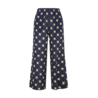 (Women) MARNI Floral Print Silk High-Waisted Wide-Leg Pants Navy Casual Trousers PAMA0304A1UTSF83MAB99