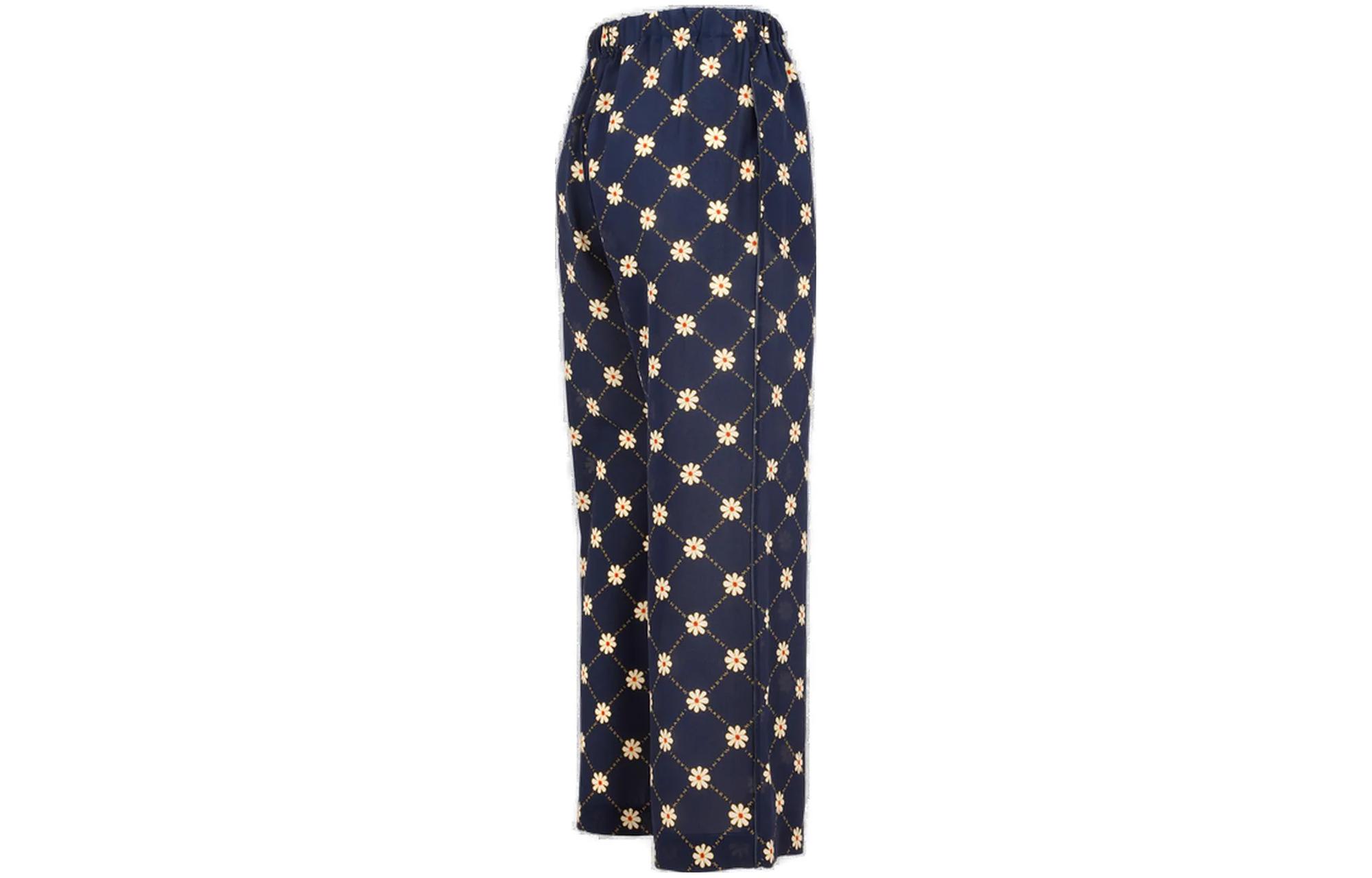 Shop (W) 마르니 플로럴 프린트 실크 하이웨이스트 와이드 팬츠 네이비 캐주얼 바지 PAMA0304A1UTSF83MAB99