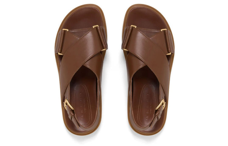 Shop MARNI Fussbett 皮革交叉帶時尚涼拖 女款 褐色