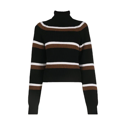 (Women) MARNI FW21 Black Striped Turtleneck Wool Sweater Pullover. DVMD0107Q0-UFH922-RGN99