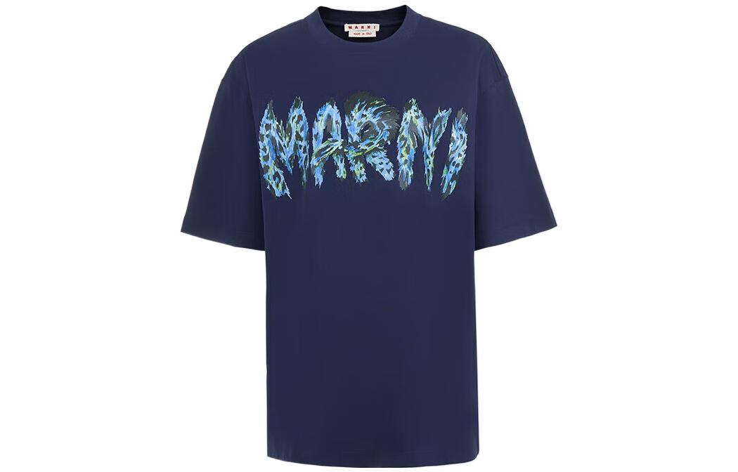 (Women) MARNI FW22  Navy Blue Logo Print Casual Short Sleeve T-Shirt. THJET49EPS-USCT95-FMB80