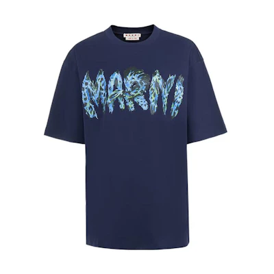 (Women) MARNI FW22 Navy Blue Logo Print Casual Short Sleeve T-Shirt. THJET49EPS-USCT95-FMB80