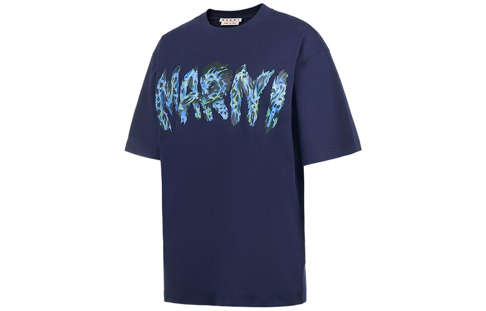 Shop (W) 마르니 FW22 네이비 블루 로고 프린트 캐주얼 반팔 티셔츠. THJET49EPS-USCT95-FMB80