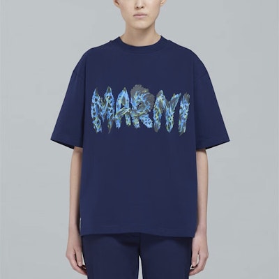 (Women) MARNI FW22 Navy Blue Logo Print Casual Short Sleeve T-Shirt. THJET49EPS-USCT95-FMB80 Details for (Women) MARNI FW22 Navy Blue Logo Print Casual Short Sleeve T-Shirt. THJET49EPS-USCT95-FMB80