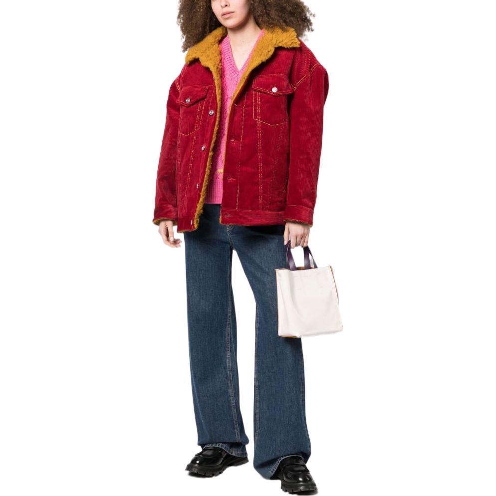 Lookbook (W) マルニ FW22 レッド カラーブロック シアリング レザージャケット JKMA0243-QWTCZ-3900R