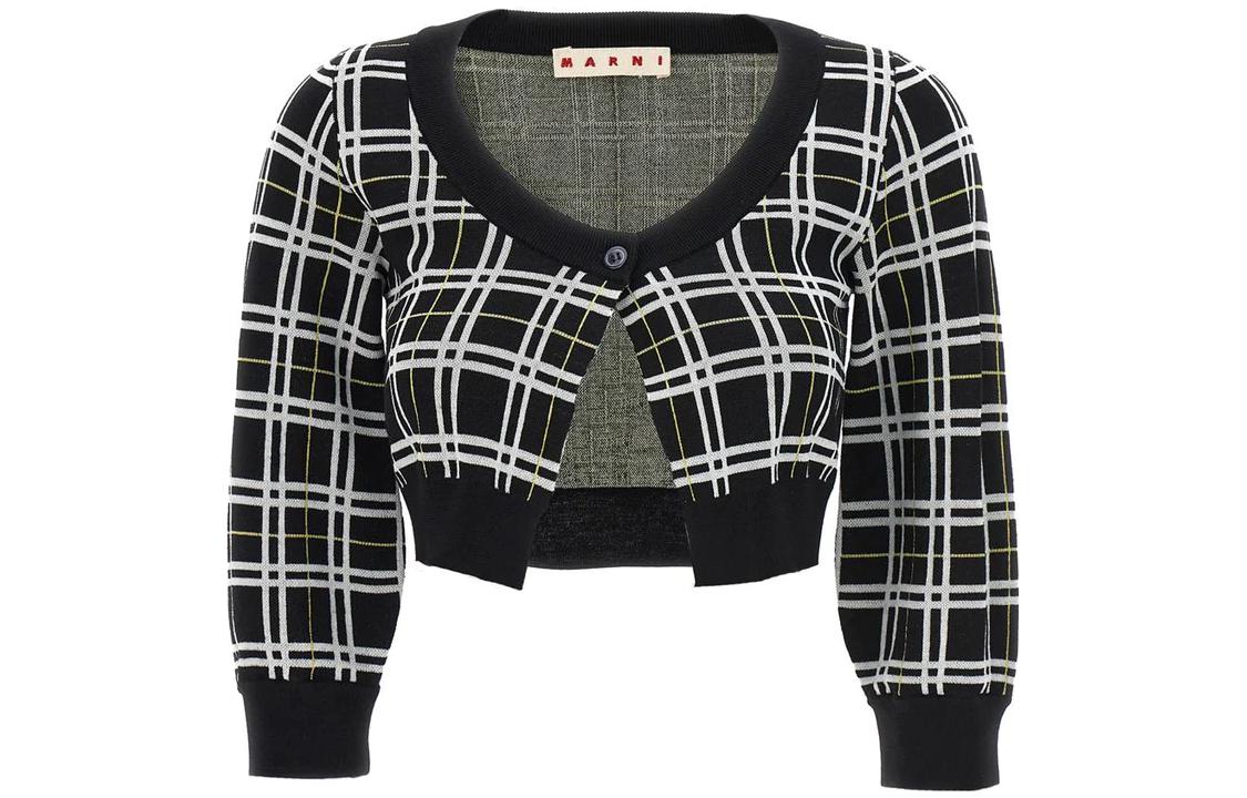 (Women) MARNI FW23  Black Plaid Knit Cardigan Short Single-Breasted Sweater CDMD0328Q0-UFW526-CHN99