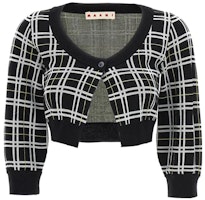 (Women) MARNI FW23 Black Plaid Knit Cardigan Short Single-Breasted Sweater CDMD0328Q0-UFW526-CHN99 (Women) MARNI FW23 Black Plaid Knit Cardigan Short Single-Breasted Sweater CDMD0328Q0-UFW526-CHN99