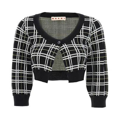 (Women) MARNI FW23 Black Plaid Knit Cardigan Short Single-Breasted Sweater CDMD0328Q0-UFW526-CHN99