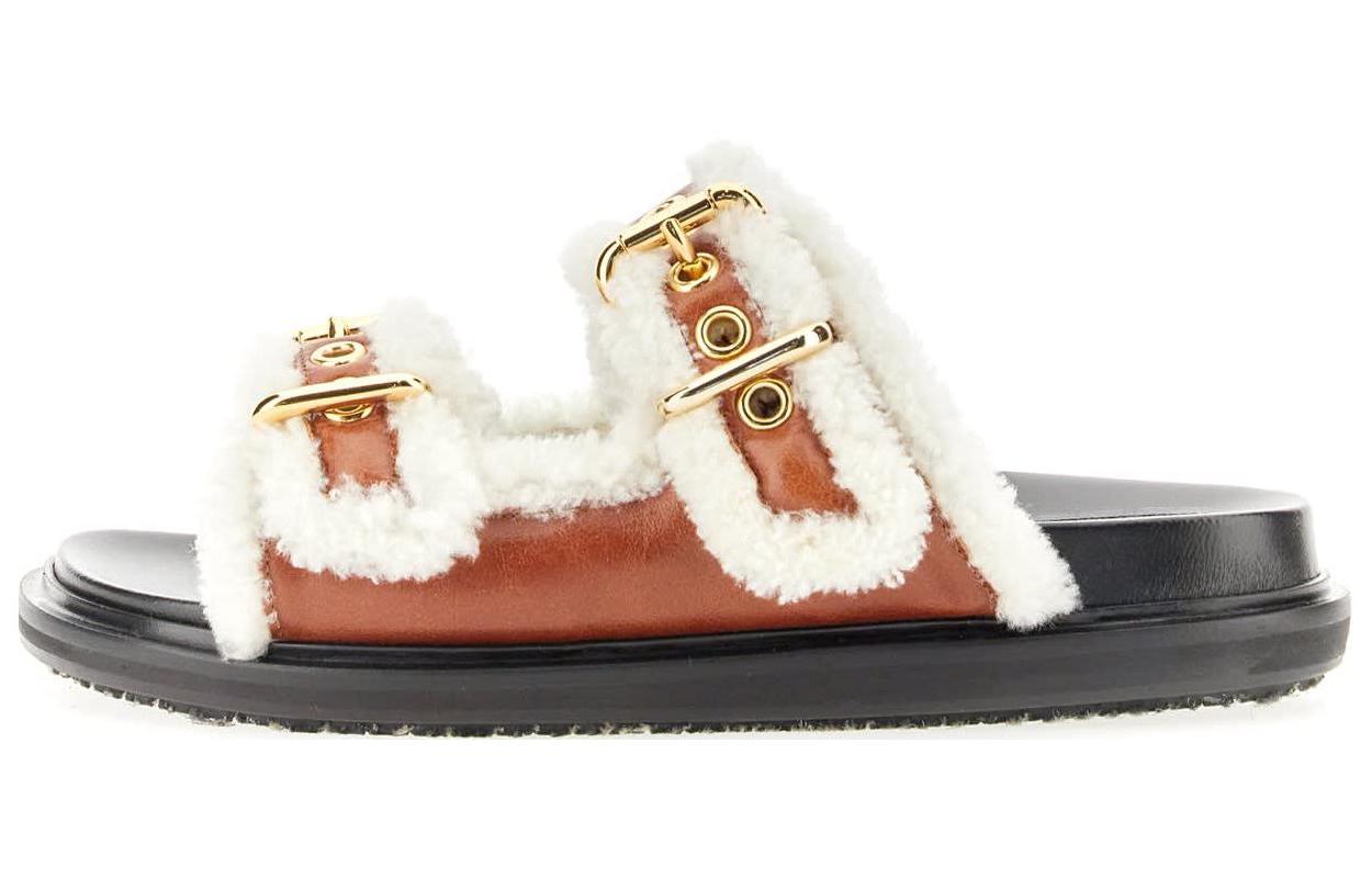 (W) Marni Leather Open Toe Buckle Slide 'Brown'