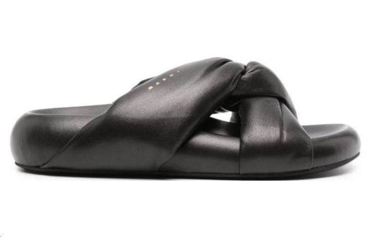 (W) Marni Leather Round-Toe Flat Buckle Slides 'Black CMFT' 圖 2