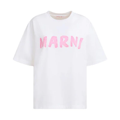 (Women) MARNI Logo Print Crewneck Oversized T-Shirt Women in White Pink Color. THJET49EPH-USCS11-L5W01
