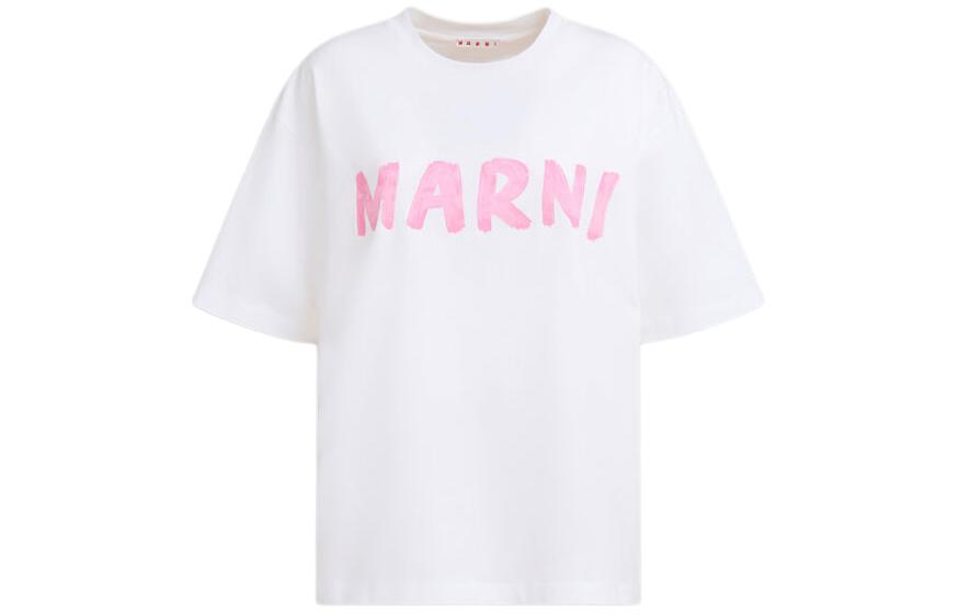 Order (W) 마르니 로고 프린트 크루넥 오버사이즈 티셔츠 여성 화이트 핑크. THJET49EPH-USCS11-L5W01