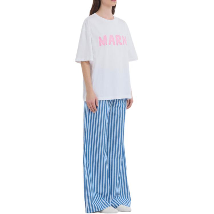 Lookbook (W) 마르니 로고 프린트 크루넥 오버사이즈 티셔츠 여성 화이트 핑크. THJET49EPH-USCS11-L5W01