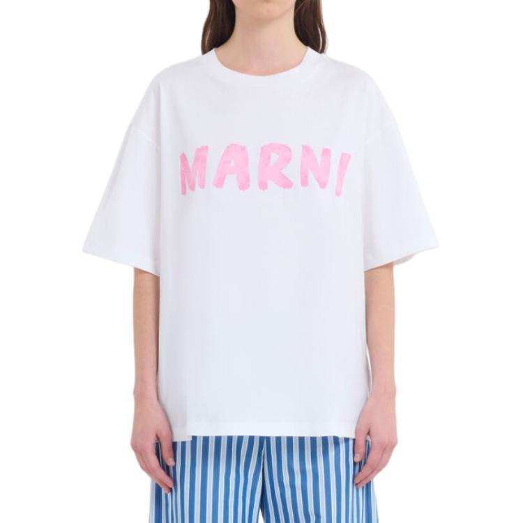 Shop (W) 마르니 로고 프린트 크루넥 오버사이즈 티셔츠 여성 화이트 핑크. THJET49EPH-USCS11-L5W01