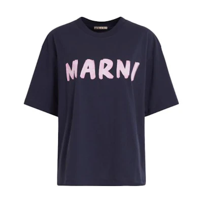 (Women) MARNI Logo Printed Oversized Short Sleeve T-Shirt SS24 Blue Black THJET49EPHUSCS11L2B99