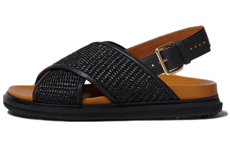 (Women) Marni Raffia Leather Outdoor Slides 'Black Fashion' FBMS013801P3860ZO166