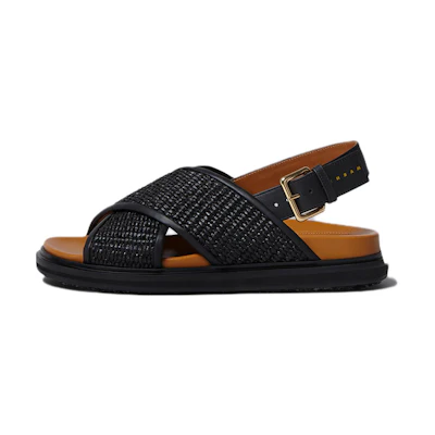 (W) Marni Raffia Leather Outdoor Slides 'Black Fashion'