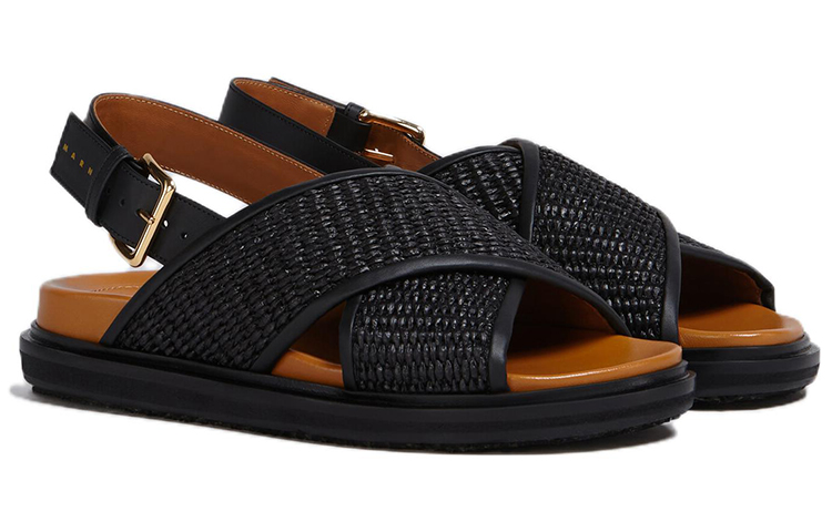Order (W) Marni Selipar Kulit Raffia Luar 'Black Fashion' FBMS013801P3860ZO166