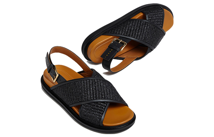 (W) Marni Raffia Leather Outdoor Slides 'Black Fashion' 圖 5