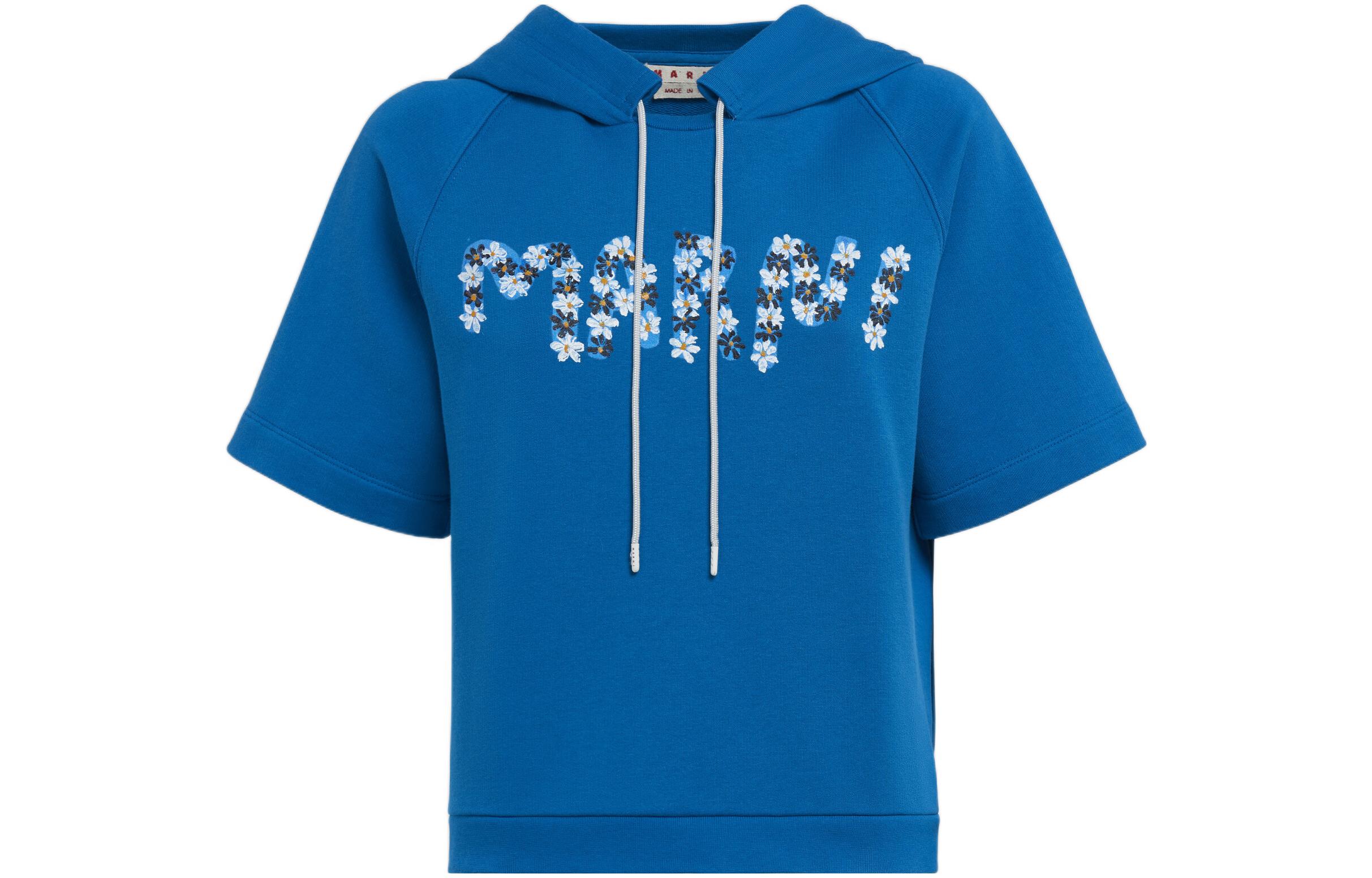 (Women) MARNI SS22  Blue Floral Logo Print Cotton Short-Sleeve Hoodie. FLJE0106P1USCT07-DLB56