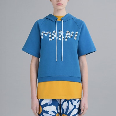 (Women) MARNI SS22 Blue Floral Logo Print Cotton Short-Sleeve Hoodie. FLJE0106P1USCT07-DLB56 Shop (Women) MARNI SS22 Blue Floral Logo Print Cotton Short-Sleeve Hoodie. FLJE0106P1USCT07-DLB56