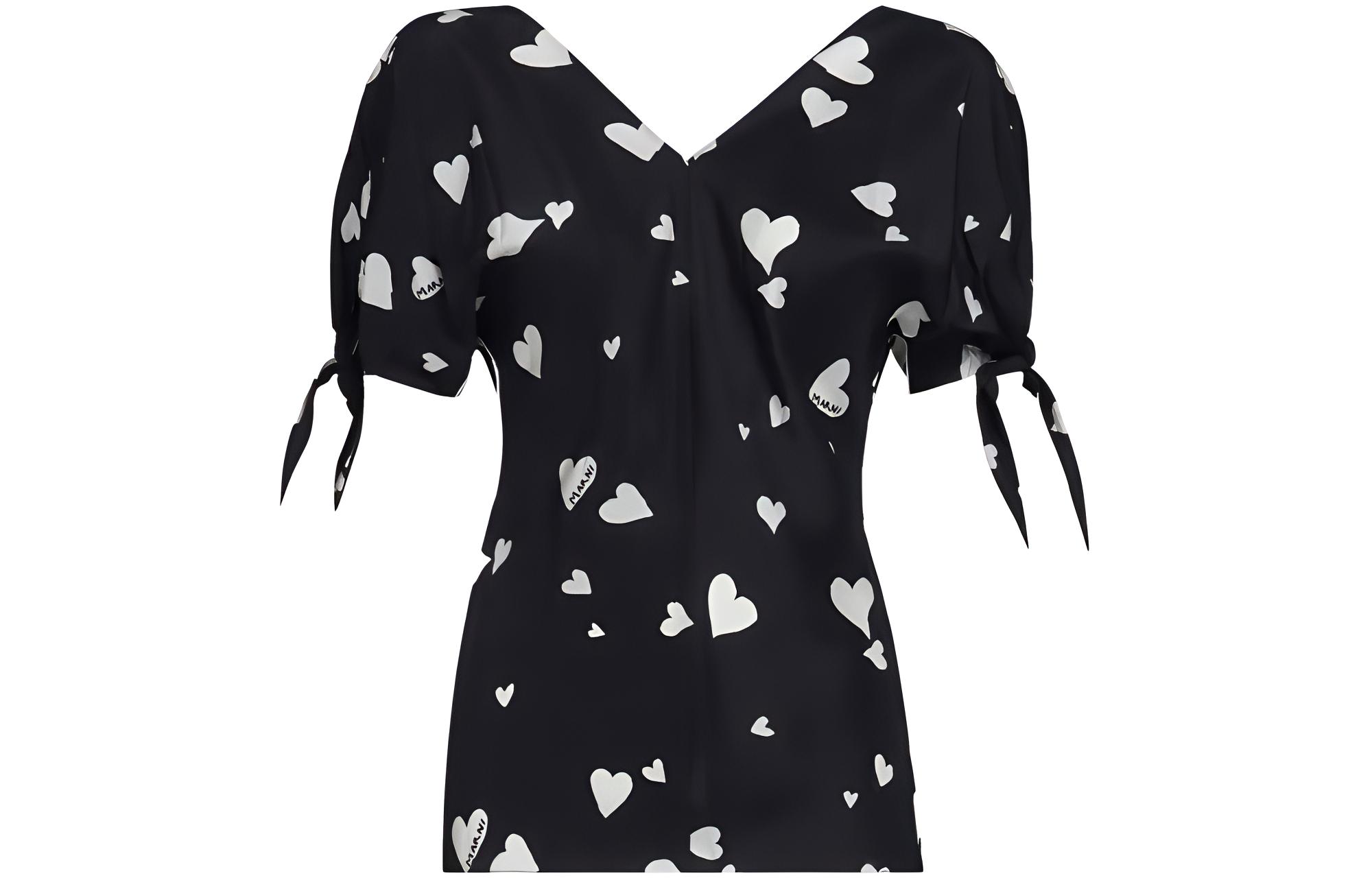 (Women) MARNI SS23  Black V-Neck Straight-Cut Shirt with All-Over Print. TTMA0264I0UTSG03BHN99
