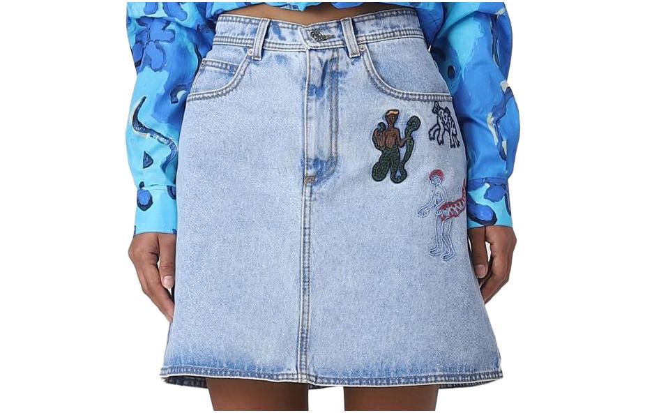 (Women) MARNI SS23  Blue Denim Mini Skirt with Cartoon Embroidery. GOJD0519S0-USCU83-BDB20