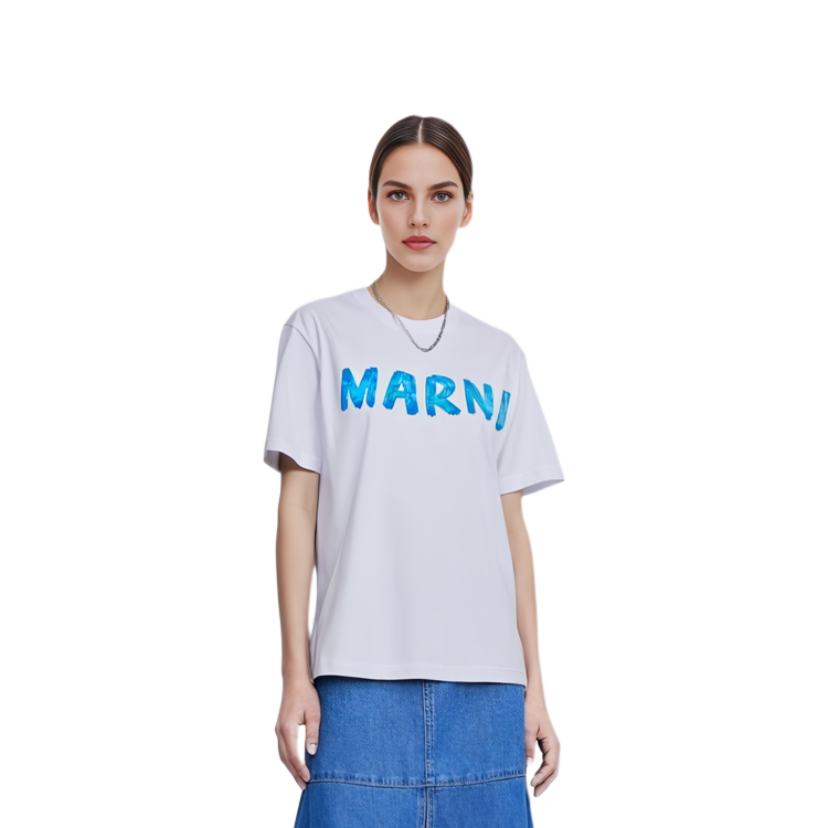 Shop (W) MARNI SS24 Kemeja-T Biru Leher Bulat dengan Cetakan Logo. LOB21