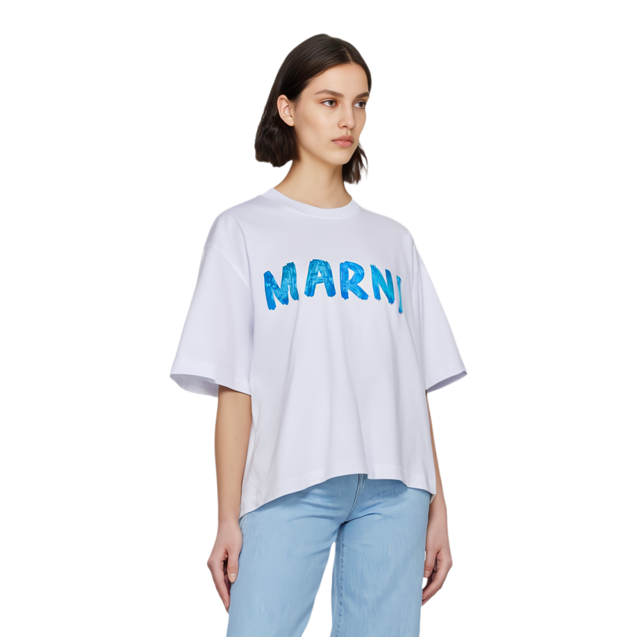 Purchase (W) MARNI SS24 Kemeja-T Biru Leher Bulat dengan Cetakan Logo. LOB21