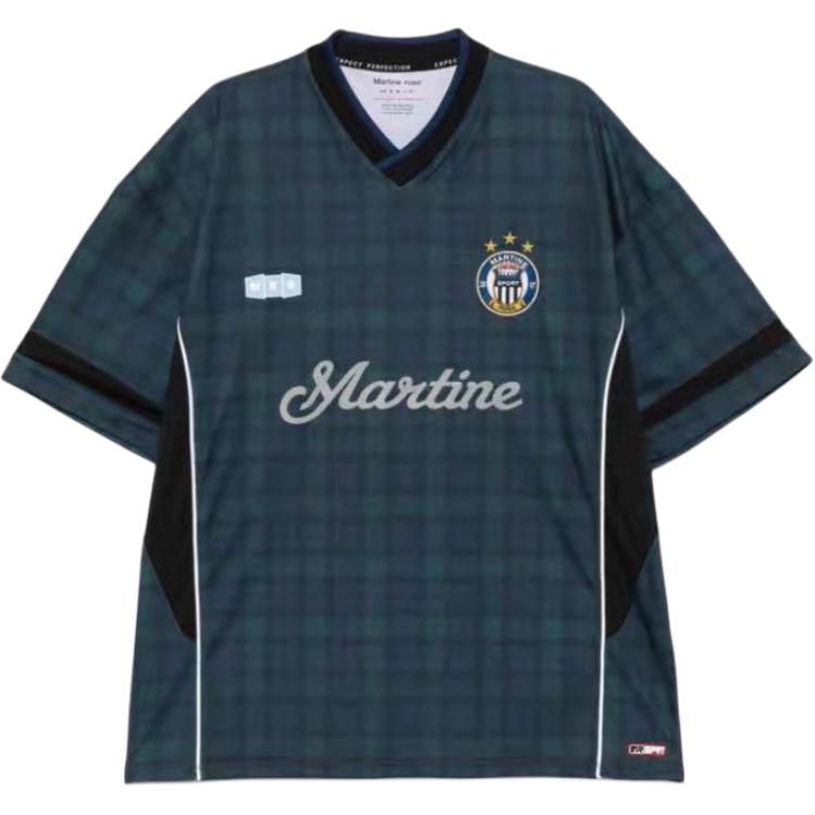 Martine Rose SS25 Plaid V-Neck Badge Short-Sleeve Football Jersey Black Men 179JT11024-BLK