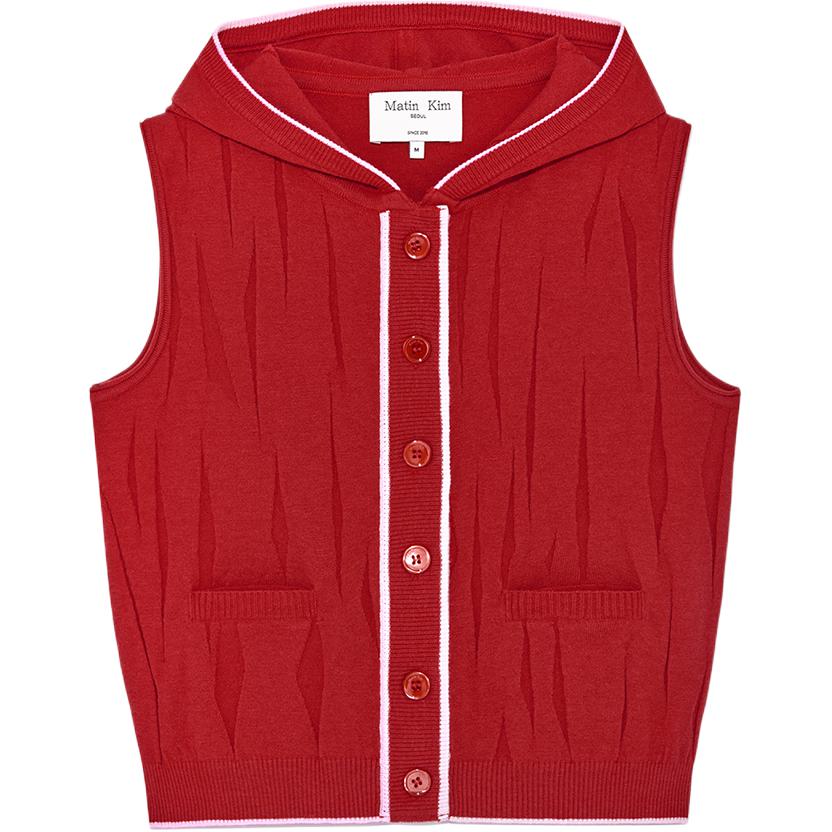 (Women) MATIN KIM SS25 Red Ruched Button Knit Hooded Vest MK2534KV004MRD