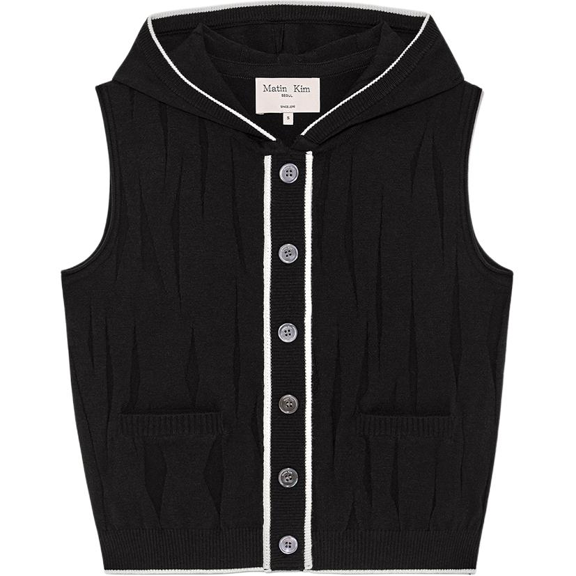 (Women) Matin Kim SS25 Slim Ruched Button Knit Hoodie Vest Black MK2534KV004MBB